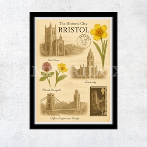 Bristol Print – Vintage City Illustration, Historic Architecture Wall Art, Bristol Skyline Home Décor