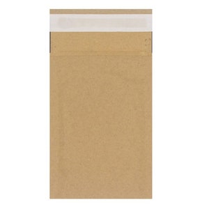 May include: A brown kraft paper padded envelope, rectangular in shape, with a white adhesive strip at the top. The packaging is designed to protect items during transit. The envelope is empty.