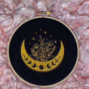 Finished Embroidery Hoop Art, Modern Moon Stars and Flowers