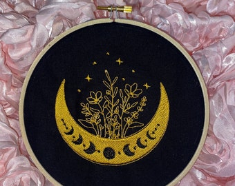 Finished Embroidery Hoop Art, Modern Moon Stars and Flowers