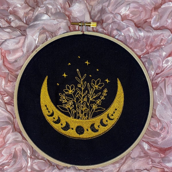 Finished Embroidery Hoop Art, Modern Moon Stars and Flowers