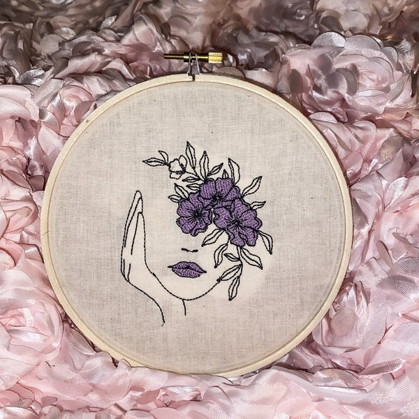 Finished Embroidery Hoop Art, Modern Line Art Woman with Flowers Covering Face