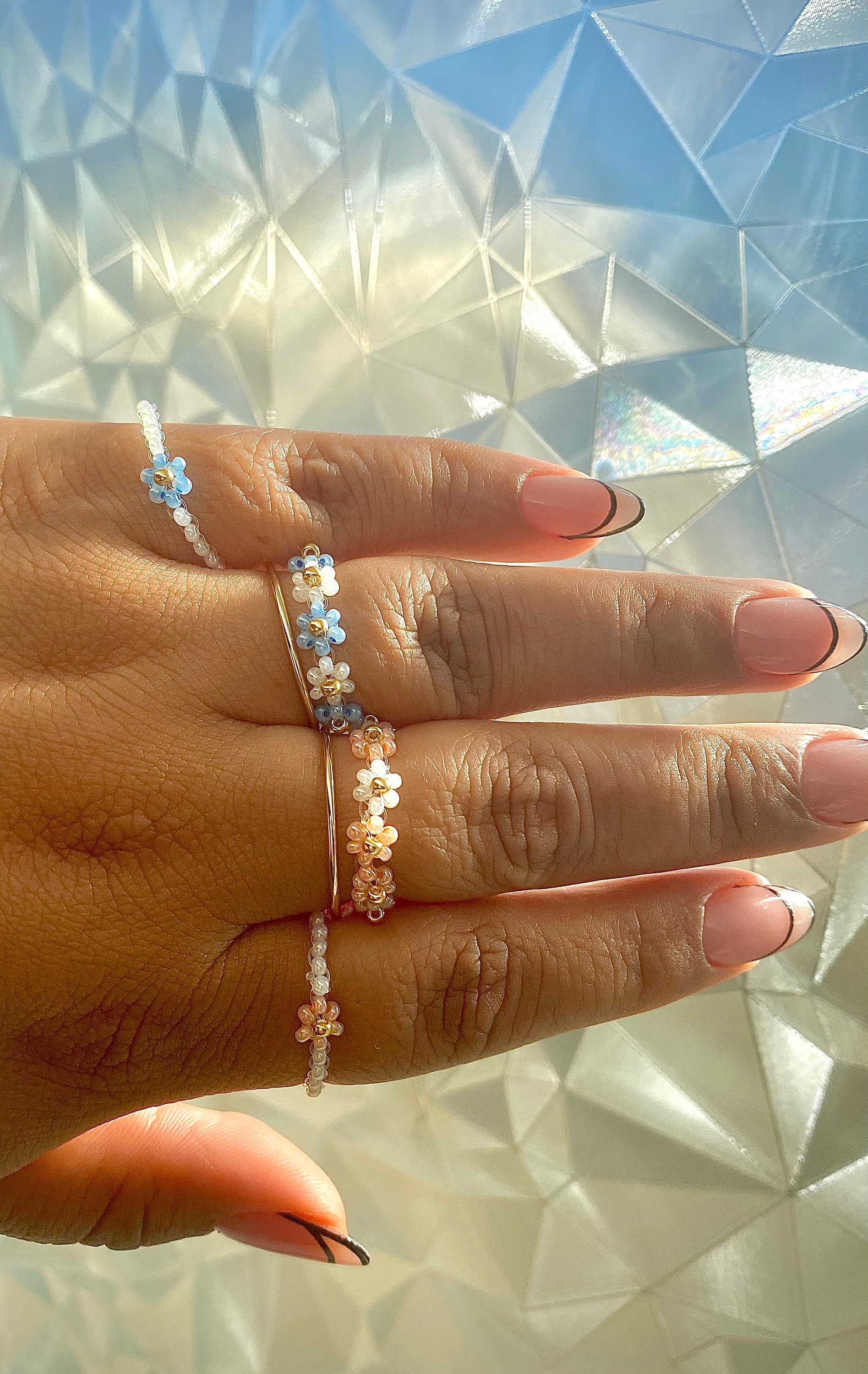 Blue and Pink Flower Rings, Ring Set, Flower Bead Ring - Etsy