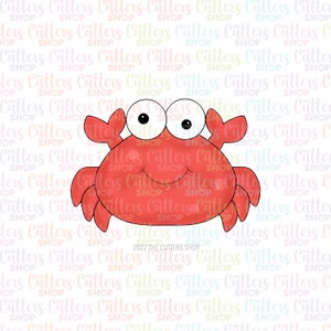 May include: A red cartoon crab with big eyes and a smile. The crab has two large claws and six legs. The crab is on a white background with a repeating pattern of the words "The Cutters Shop".