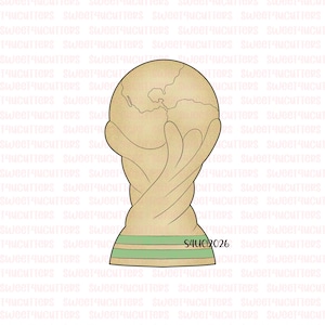 May include: A tan cookie cutter shaped like a world cup trophy with a globe at the top and a base featuring two horizontal green stripes. The text S4UC2026 is printed in black on the lower right side of the trophy base against a light background.