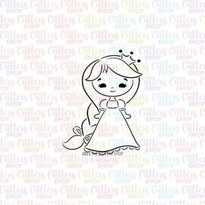 May include: A black and white line art illustration of a princess with long hair, wearing a crown and a dress. The image includes the text "2023 The Cutters Shop".