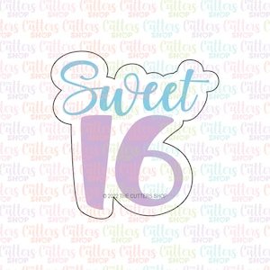 May include: A purple and blue cookie cutter in the shape of the number 16 with the word "Sweet" above it. The cookie cutter is designed for baking and decorating.