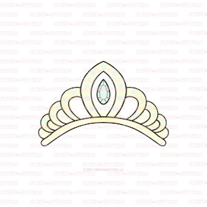 May include: A yellow and white tiara with a large, clear, teardrop-shaped gem in the center. The tiara has a curved shape and is decorated with small, white dots.