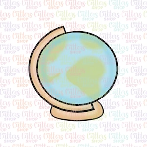 May include: A blue and green globe with a brown stand. The globe is outlined in black and has a white background.