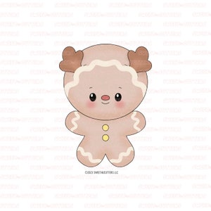 May include: A gingerbread man cookie cutter with a reindeer antler design. The cookie cutter is light brown with white icing details and two yellow buttons. The design includes a cute face with a red nose and black eyes. The text "©2023 SWEET4UCUTTERS LLC" is at the bottom.
