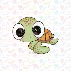 May include: A cartoon sea turtle with large eyes, a green shell with brown spots, and an orange underside. The turtle is swimming to the right.