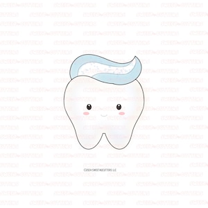 May include: A white tooth with blue and white toothpaste on top. The tooth has a happy face with black eyes and a pink blush.