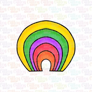 May include: A rainbow-colored arch cookie cutter with a yellow, green, purple, red, and orange design. The cutter is outlined in black.
