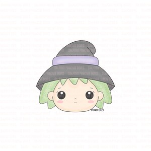May include: A green and black witch cookie cutter with a purple hat and a cute cartoon face.
