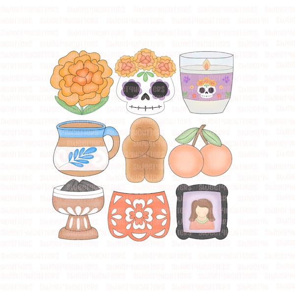 Juego de 9 cortadores de galletas del Día de Muertos, cortador de galletas Die de muertos, cortador de galletas de México