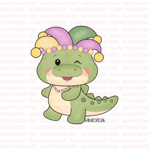 May include: A whimsical green alligator cartoon character wearing a purple, yellow, and green jester hat and a beaded necklace. The alligator is winking and smiling, with the text "S4UC2026" in the bottom right corner. This image is perfect for Mardi Gras.