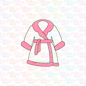 May include: A white bathrobe with a pink collar, belt, and cuffs. The robe is tied at the waist and has a relaxed fit.