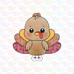 May include: A cartoon turkey with a brown body, red wattle, and yellow beak. The turkey has large, round eyes and a brown and red feathery tail. The turkey is standing on two small feet.