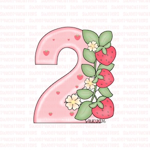 May include: A pink number 2 cookie cutter decorated with small strawberry illustrations. The number is adorned with a vine of strawberries, green leaves, and small white flowers. The text "S4UC2026" is at the bottom.
