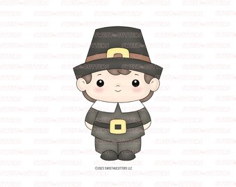 May include: A cartoon illustration of a Pilgrim boy wearing a black hat with a gold buckle, a brown and white collared shirt, a brown belt with a gold buckle, and brown pants. The boy is smiling and has brown hair.