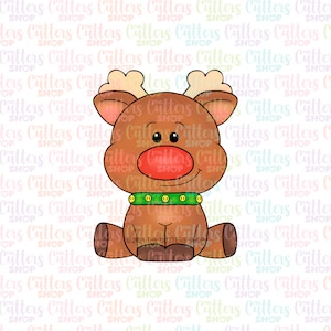 May include: A brown reindeer with a red nose and green collar sits with its legs crossed. The reindeer has large brown eyes and a white background.