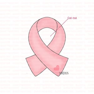 May include: A light pink ribbon-shaped cutout with a small pink heart on the bottom right. The words "Cut out" are written above the ribbon. The cutout is for a breast cancer awareness campaign.