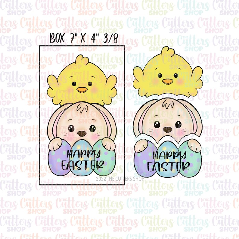 May include: An Easter-themed cookie cutter set featuring a chick and a bunny holding decorated eggs. The text "HAPPY EASTER" is displayed on the eggs. The box size is 7" x 4" 3/8. The design is in pastel colors.