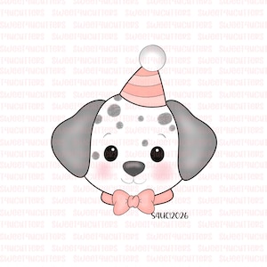 May include: A cookie cutter in the shape of a Dalmatian dog's head, wearing a party hat and bow tie. The dog has black spots, gray ears, and a pink bow tie. The text "S4UC12026" is at the bottom.