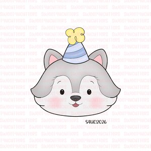 May include: A cookie cutter in the shape of a cartoon wolf's head, wearing a blue party hat with yellow accents. The wolf has gray fur, pink inner ears, and a small, smiling mouth. The text "S4UC12026" is at the bottom.