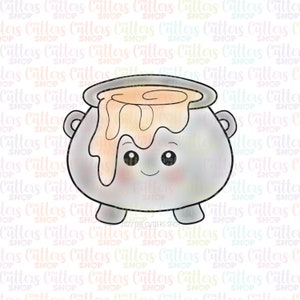 May include: A gray cauldron cookie cutter with a cute cartoon face and dripping orange icing. The cutter is designed for baking and decorating cookies.