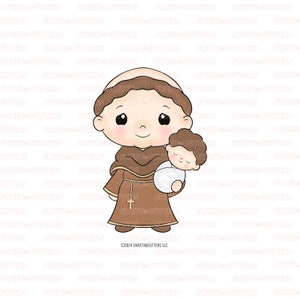 May include: A cartoon illustration of Saint Anthony of Padua holding a baby Jesus. The saint is wearing a brown robe with a rope belt and a white cross on his chest. The baby Jesus is wrapped in a white cloth and has a brown halo.