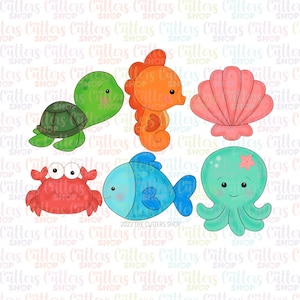 May include: Set of six colorful cookie cutters shaped like sea creatures: a green turtle, an orange seahorse, a pink seashell, a red crab, a blue fish, and a green octopus.