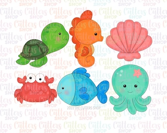 May include: Set of six colorful cookie cutters shaped like sea creatures: a green turtle, an orange seahorse, a pink seashell, a red crab, a blue fish, and a green octopus.