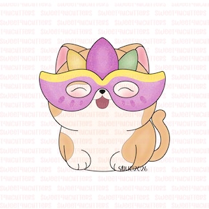 May include: A cartoon cat cookie cutter wearing a purple and yellow mask. The cat is light brown with white and tan markings. The cookie cutter is designed with a happy expression and the text "SULIC2026".