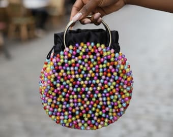 Handmade Multicolor Acrylic Pearl Beaded Handbag - Statement Party Bag