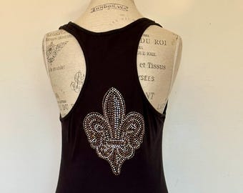Vintage Black T-Shirt Dress: Racerback A-Line with Embellished Fleur-de-lis