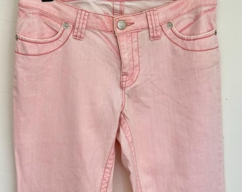 Vaqueros vintage acampanados de mezclilla rosa, talla 8, vaqueros London, pantalones acampanados, tiro bajo con cremallera frontal, entrepierna 33, lavado rosa claro