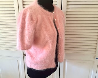 Authentische Angora Vintage kurze Strickjacke in Rosa, weicher flauschiger Strickpullover, Luxus Strickjacke, flauschiges Top