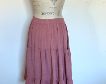 Vintage Dusty Pink Studded Skirt: Flowy Rayon Elastic Waist