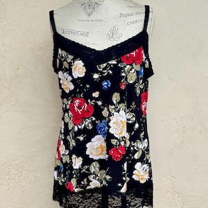 Vintage floral flowy cami top Vintage Torrid plus size sexy long tank, poly spandex stretchy , boho chic camisole top, summer black lace top