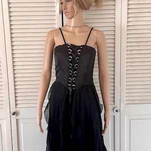 Vintage little black silk dress, Bebe brand, size L, silk corset lace front, layered floaty hem, sexy sleeveless cocktail dress, boho chic