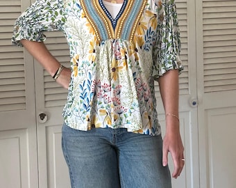 Vintage Anthropologie Floral V-Neck Blouse - Flowy Summer Top, Anthro shirt , size L, multi colored, festival wear boho chic