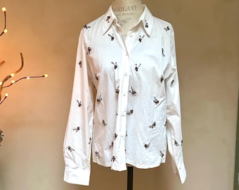 Camisa blanca vintage de Anthropologie para mujer, adornada con cristales/cuentas, talla L, abotonada, mangas largas, Dhruv Kapoor para Anthro