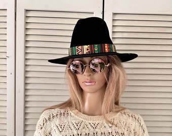 Sombrero safari vintage de fieltro negro: vaquero bohemio de ala ancha hecho a mano