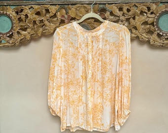 Blusa campesina amarilla con estampado floral, talla L, vintage de Gap, top bohemio folk, hippie pradera
