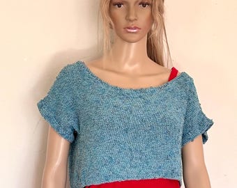 Vintage Hand Knit Cropped Sweater: Teal Boucle, Short Sleeve Top
