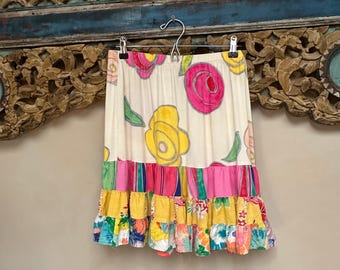 Vintage Jams World size L pull on ruffle skirt, colorful Aloha Hawaiian resort wear, tropical art print Island fashion