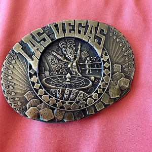 Vintage Las Vegas brass belt buckle, gamblers gift, Vegas casino memorabilia