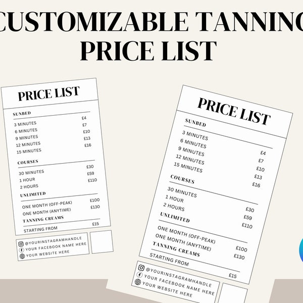 Tanning Price Menu Etsy