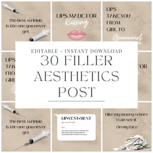 30 Filler Aesthetics Shareable Instagram Posts | Pre Made Beige Aestheticians Lip Filler | Social Media Social Flyer Quote Instant Download